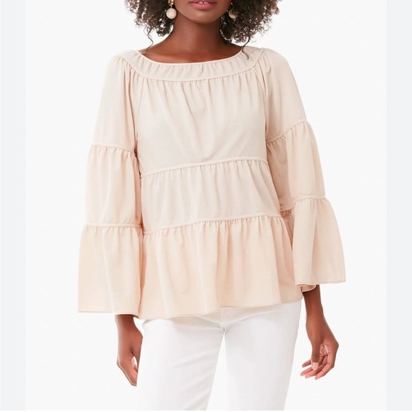 REBECCA TAYLOR Pique Tiered Top Tan Flare Relaxed Fit Boho Keyhole Sz XS - Picture 1 of 15
